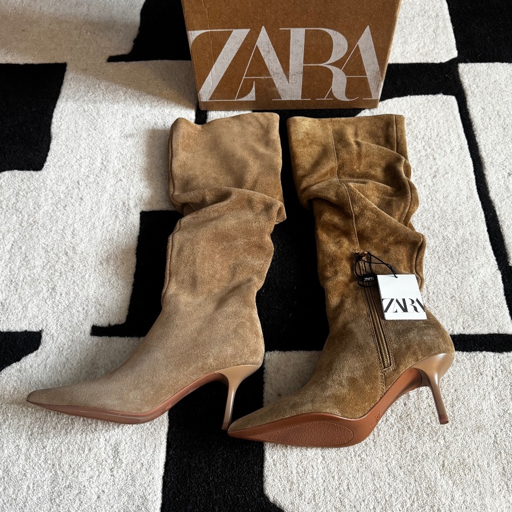 ZARA Leather Suede Heeled Ruched Boots - sandy brown - Picture 2 of 4